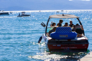 Featured image showing a family on an inflatable motorized boat in Lake Tahoe